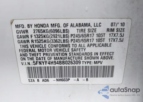 2011 Honda Pilot Touring из США, поврежденный, VIN 5FNYF4H94BB026309